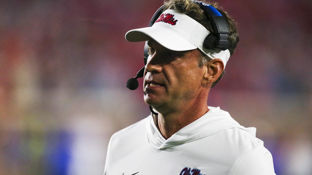 Nov 15, 2025; Oxford, Mississippi, USA; Mississippi Rebels head coach Lane Kiffin stands on the sideline during the second half against the Florida Gators at Vaught-Hemingway Stadium. Mandatory Credit: Petre Thomas-Imagn Images