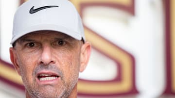 Florida State baseball coach Link Jarrett talks to the media before he and the team leaves to play in the College World Series in Omaha, Nebraska, Wednesday, June 12, 2024.