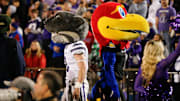 Big Jay and Willie the Wildcat part ways following an interaction at Saturday's Sunflower Showdown.