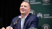 Jan 17, 2023; Oakland, CA, USA; Oakland Athletics general manager David Forst answers questions from the media as newly signed pitcher Shintaro Fujinami is introduced by the team at a press conference. Mandatory Credit: D. Ross Cameron-Imagn Images