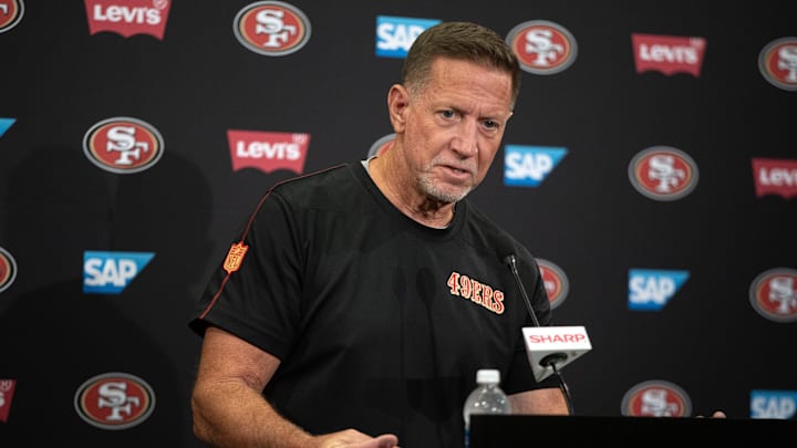 Jul 26, 2024; Santa Clara, CA, USA; San Francisco 49ers run game coordinator Chris Foerster talks to the press during Day 4 of training camp at SAP Performance Facility. Mandatory Credit: D. Ross Cameron-Imagn Images