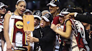 South Carolina Gamecocks head coach Dawn Staley celebrates with forward A'ja Wilson after a win over Mississippi State.