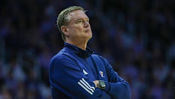 Feb 8, 2025; Manhattan, Kansas, USA; Kansas Jayhawks head coach Bill Self watches his team during the second half against the Kansas State Wildcats at Bramlage Coliseum. Mandatory Credit: Scott Sewell-Imagn Images