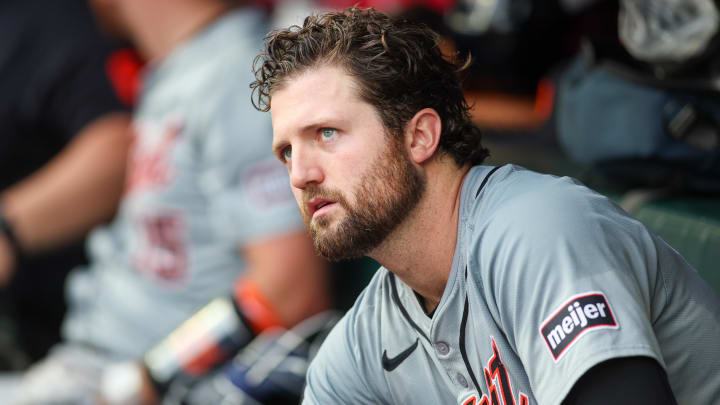 Jun 18, 2024; Atlanta, Georgia, USA; Detroit Tigers starting pitcher Casey Mize (12) in the dugout before a game against the Atlanta Braves at Truist Park