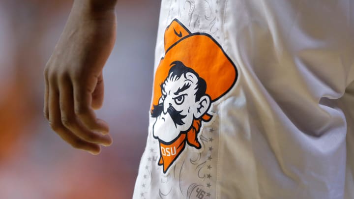 A Pistol Pete logo is seen on an OSU uniform during a men's college basketball game between the Oklahoma State Cowboys (OSU) and UT Arlington at Gallagher-Iba Arena in Stillwater, Okla., Monday, Nov. 7, 2022.

Osu Men S Basketball