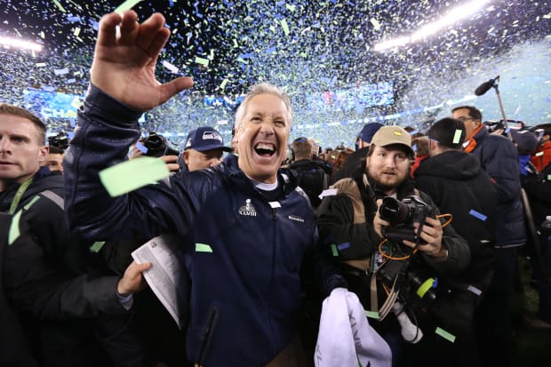 Seattle Seahawks head coach Pete Carroll celebrates after winning Super Bowl XLVIII against the Denver Broncos.