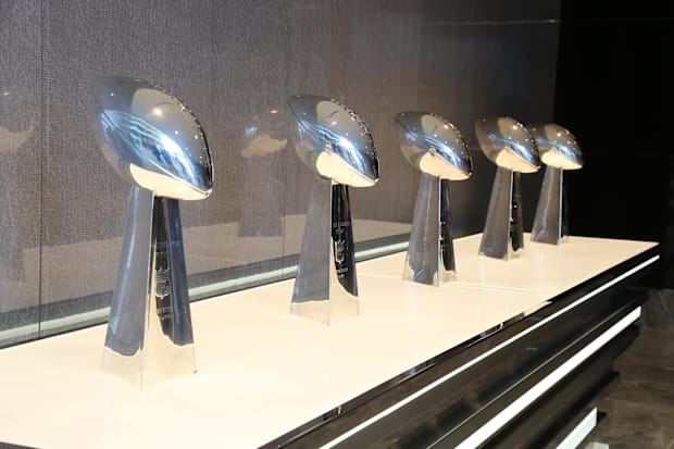 A general view of the club's five Lombardi trophies on display at Dallas Cowboys Headquarters at The Star. 