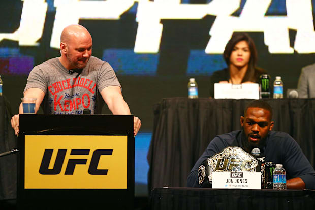 Dana White (left) and fighter Jon Jones during a press conference prior to weigh-ins for UFC 196 at MGM Grand Garden Arena.