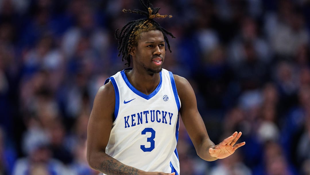 Jan 21, 2026; Lexington, Kentucky, USA; Kentucky Wildcats guard Kam Williams (3) reacts after making a three point basket during the first half against the Texas Longhorns at Rupp Arena at Central Bank Center. Mandatory Credit: Jordan Prather-Imagn Images