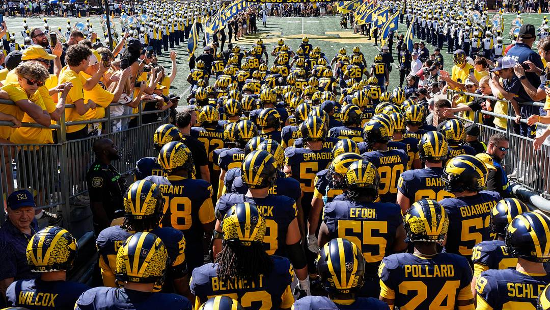 Michigan players ready to take the field for the game against USC at Michigan Stadium in Ann Arbor on Saturday, Sept. 21, 2024.