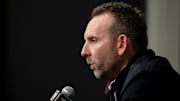 Nov 9, 2022; Brooklyn, New York, USA; Brooklyn Nets general manager Sean Marks speaks during a press conference before a game against the New York Knicks at Barclays Center. Mandatory Credit: Brad Penner-Imagn Images