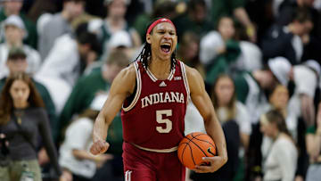 Indiana Hoosiers forward Malik Reneau celebrates during the Hoosiers' 71-67 win over the #11 Michigan State Spartans.