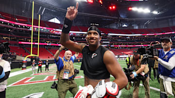 Dec 22, 2024; Atlanta, Georgia, USA; Atlanta Falcons quarterback Michael Penix Jr. (9) celebrates after a victory over the New York Giants at Mercedes-Benz Stadium. Mandatory Credit: Brett Davis-Imagn Images
