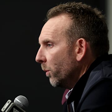 Nov 9, 2022; Brooklyn, New York, USA; Brooklyn Nets general manager Sean Marks speaks during a press conference before a game against the New York Knicks at Barclays Center. Mandatory Credit: Brad Penner-Imagn Images