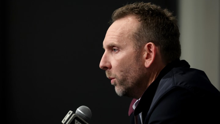 Nov 9, 2022; Brooklyn, New York, USA; Brooklyn Nets general manager Sean Marks speaks during a press conference before a game against the New York Knicks at Barclays Center. Mandatory Credit: Brad Penner-USA TODAY Sports