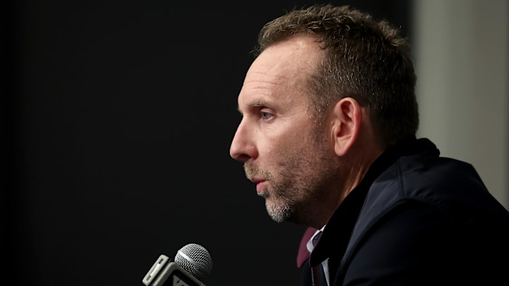 Nov 9, 2022; Brooklyn, New York, USA; Brooklyn Nets general manager Sean Marks speaks during a press conference before a game against the New York Knicks at Barclays Center. Mandatory Credit: Brad Penner-Imagn Images