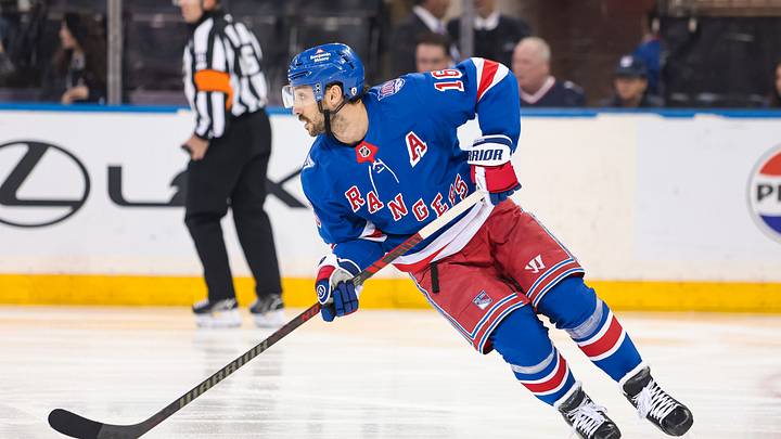 Apr 5, 2026; New York, New York, USA; New York Rangers center Vincent Trocheck (16) skates against the Washington Capitals during the first period at Madison Square Garden. Mandatory Credit: Danny Wild-Imagn Images