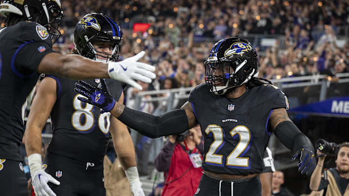 Baltimore Ravens running back Derrick Henry (22) celebrates. Baltimore Ravens running back Derrick Henry (22) celebrates.