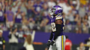 Sep 14, 2025; Minneapolis, Minnesota, USA; Minnesota Vikings linebacker Jonathan Greenard (58) celebrates a sack during the second half against the Atlanta Falcons at U.S. Bank Stadium. Mandatory Credit: Matt Krohn-Imagn Images