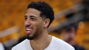 May 25, 2025; Indianapolis, Indiana, USA; Indiana Pacers guard Tyrese Haliburton (0) warms up prior to game three of the eastern conference finals against the New York Knicks for the 2025 NBA Playoffs at Gainbridge Fieldhouse. Mandatory Credit: Trevor Ruszkowski-Imagn Images