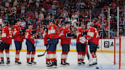 Mar 3, 2025; Sunrise, Florida, USA; Florida Panthers defenseman Nate Schmidt (88) celebrates with goaltender Sergei Bobrovsky (72) after the game against the Tampa Bay Lightning at Amerant Bank Arena. Mandatory Credit: Sam Navarro-Imagn Images
