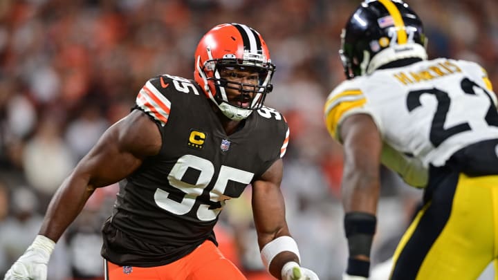 Sep 22, 2022; Cleveland, Ohio, USA; Cleveland Browns defensive end Myles Garrett (95) rushes the passer during the fourth quarter against the Pittsburgh Steelers at FirstEnergy Stadium. Mandatory Credit: David Dermer-USA TODAY Sports