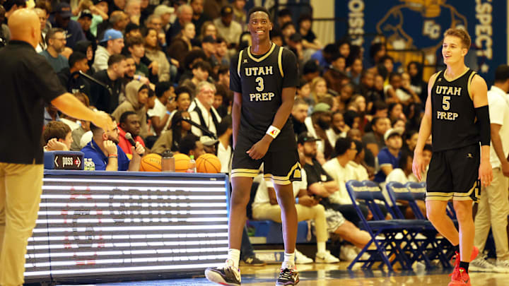 Utah Prep's AJ Dybantsa is all smiles during game Highland School at Emmanuel College in Boston on Tuesday, Nov. 5, 2024.