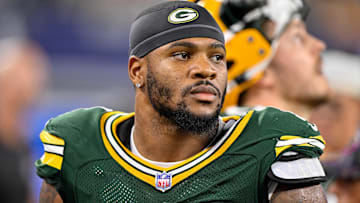 Green Bay Packers defensive end Micah Parsons (1) looks on from the sidelines during the game between the Dallas Cowboys and the Green Bay Packers at AT&T Stadium.