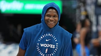 May 26, 2025; Minneapolis, Minnesota, USA; Minnesota Timberwolves guard Anthony Edwards (5) practices before the game against the Oklahoma City Thunder game four of the western conference finals for the 2025 NBA Playoffs at Target Center. Mandatory Credit: Jesse Johnson-Imagn Images