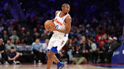 Feb 11, 2025; Philadelphia, Pennsylvania, USA; Philadelphia 76ers guard Tyrese Maxey (0) controls the ball against the Toronto Raptors in the first quarter at Wells Fargo Center. Mandatory Credit: Kyle Ross-Imagn Images