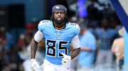 Sep 14, 2025; Nashville, Tennessee, USA; Tennessee Titans tight end Chig Okonkwo (85) before the first half at Nissan Stadium. 