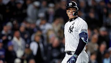 Oct 28, 2024; New York, New York, USA; New York Yankees outfielder Aaron Judge (99) reacts after striking out during the first inning against the Los Angeles Dodgers in game three of the 2024 MLB World Series at Yankee Stadium. Mandatory Credit: Brad Penner-Imagn Images