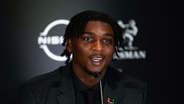 Dec 14, 2024; New York, NY, USA; Miami Hurricanes quarterback Cam Ward speaks on stage during a press conference before the 2024 Heisman Trophy Presentation. Mandatory Credit: Lucas Boland-Imagn Images