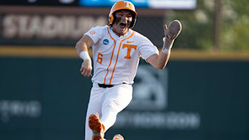 Tennessee's Gavin Kilen (6) leaps in celebration as he rounds the bases after Andrew Fischer (11) hits a home run at the NCAA college baseball Knoxville Regional final against Wake Forest on June 2, 2025, in Knoxville, Tenn.