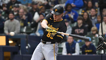 Pittsburgh Pirates outfielder Jack Suwinski (65) flies out against the Milwaukee Brewers in the first inning at American Family Field. 