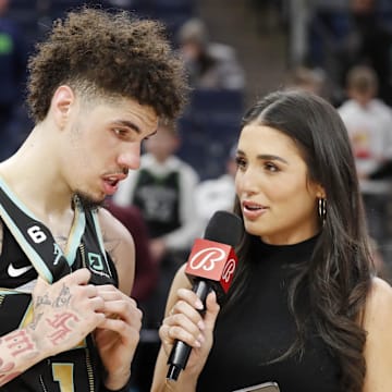 Feb 24, 2023; Minneapolis, Minnesota, USA; Charlotte Hornets guard LaMelo Ball (1) conducts an interview with Ashley ShahAhmadi after the game against the Minnesota Timberwolves at Target Center. Mandatory Credit: Bruce Kluckhohn-Imagn Images