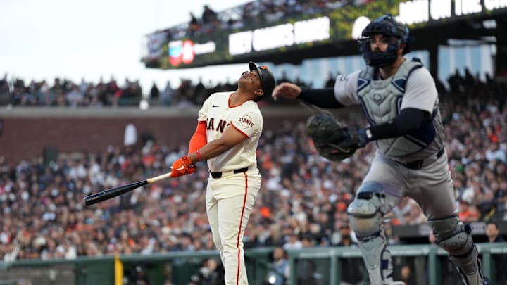 Mar 25, 2026; San Francisco, California, USA; San Francisco Giants designated hitter Rafael Devers (16) looks on after hitting a pop fly against the the New York Yankees in the sixth inning at Oracle Park. Mandatory Credit: Cary Edmondson-Imagn Images