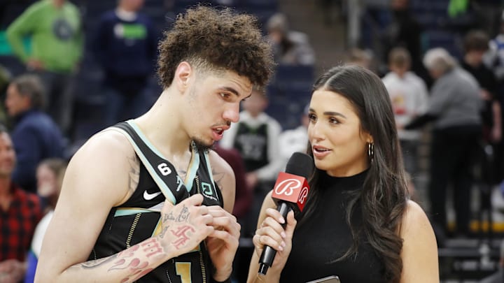 Feb 24, 2023; Minneapolis, Minnesota, USA; Charlotte Hornets guard LaMelo Ball (1) conducts an interview with Ashley ShahAhmadi after the game against the Minnesota Timberwolves at Target Center. Mandatory Credit: Bruce Kluckhohn-Imagn Images