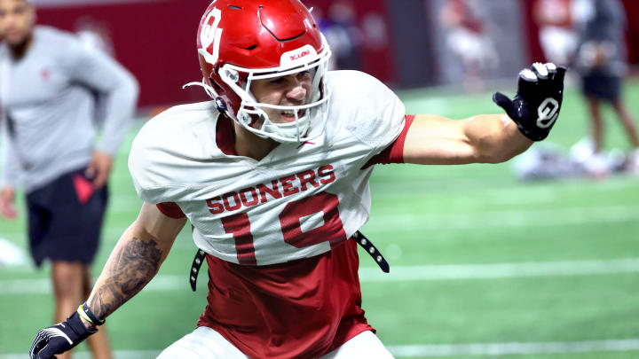 Oklahoma's Jacobe Johnson runs through a drill during the University of Oklahoma (OU) spring football practice at the Everest Training Center in Norman, Okla., Wednesday, March 27, 2024.