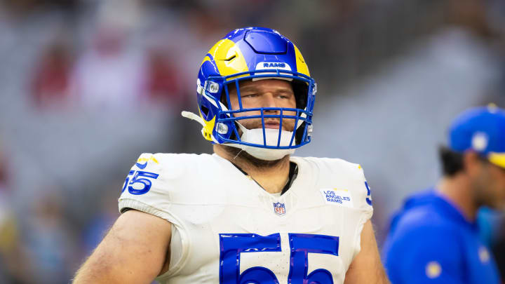 Nov 26, 2023; Glendale, Arizona, USA; Los Angeles Rams center Brian Allen (55) against the Arizona Cardinals at State Farm Stadium. Mandatory Credit: Mark J. Rebilas-USA TODAY Sports