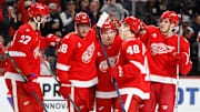 Nov 13, 2025; Detroit, Michigan, USA;  Detroit Red Wings defenseman Axel Sandin-Pellikka (44) receives congratulations from teammates after scoring in the second period against the Anaheim Ducks at Little Caesars Arena. Mandatory Credit: Rick Osentoski-Imagn Images