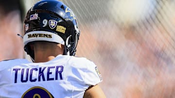 Oct 6, 2024; Cincinnati, Ohio, USA; A general view of the helmet of Baltimore Ravens kicker Justin Tucker (9) as he prepares on the sidelines in the second half against the Cincinnati Bengals at Paycor Stadium. Mandatory Credit: Katie Stratman-Imagn Images