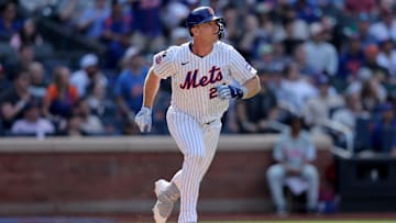 Apr 23, 2025; New York City, New York, USA; New York Mets first baseman Pete Alonso (20) watches his game tying RBI double against the Philadelphia Phillies during the tenth inning at Citi Field. Mandatory Credit: Brad Penner-Imagn Images