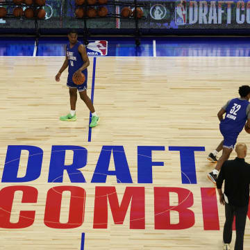 May 14, 2024; Chicago, IL, USA; Bronny James (50) participates in drills during the 2024 NBA Draft Combine  at Wintrust Arena. Mandatory Credit: David Banks-USA TODAY Sports