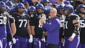 Nov 29, 2025; Fort Worth, Texas, USA; TCU Horned Frogs head coach Sonny Dykes looks on with his team before the game against the Cincinnati Bearcats at Amon G. Carter Stadium. Mandatory Credit: Jerome Miron-Imagn Images