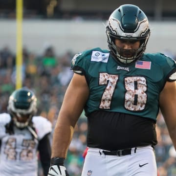 Eagles' Sua Opeta (78) warms up before Military Appreciation Night Sunday at Lincoln Financial Field. 