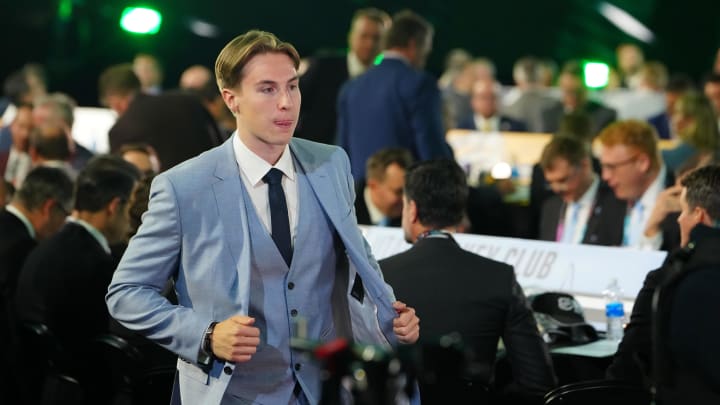 Jun 28, 2024; Las Vegas, Nevada, USA; Emil Hemming is selected by the Dallas Stars with the 29th overall pick in the first round of the 2024 NHL Draft at The Sphere. Mandatory Credit: Stephen R. Sylvanie-USA TODAY Sports