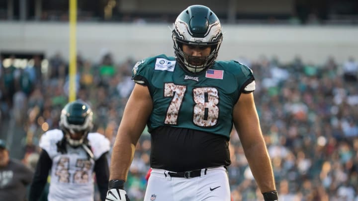 Eagles' Sua Opeta (78) warms up before Military Appreciation Night Sunday at Lincoln Financial Field. 