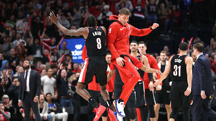Mar 23, 2019; Portland, OR, USA; Portland Trail Blazers forward Al-Farouq Aminu (8) celebrates with Portland Trail Blazers forward Meyers Leonard (11) after scoring against the Detroit Pistons in the second half at Moda Center. Mandatory Credit: Jaime Valdez-Imagn Images