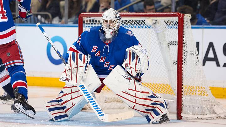 Apr 5, 2026; New York, New York, USA; New York Rangers goalie Igor Shesterkin (31) guards the net against the Washington Capitals during the first period at Madison Square Garden. Mandatory Credit: Danny Wild-Imagn Images